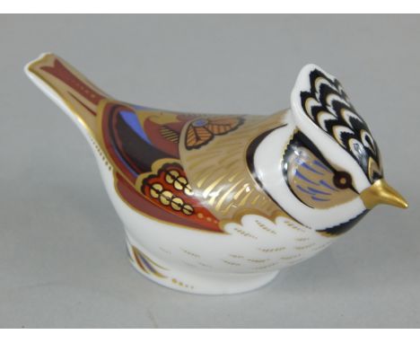 A Royal Crown Derby crested tit, printed mark in red to underside and gold button