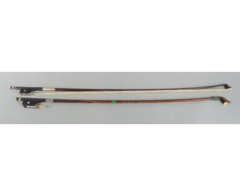 Two violin bows, each with silver coloured metal and mother of pearl mounts (AF)