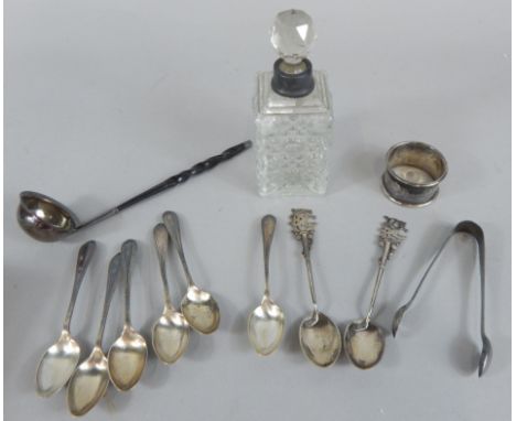 A collection of small silver etC, to include a ladle, with twisted whale bone handle, spoons, napkin ring etC