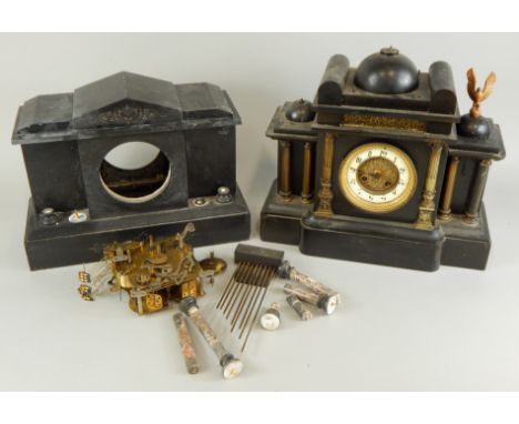 A late 19thC French black slate mantel clock, of architectural form, with three domes and moulded gilt metal columns, incompl