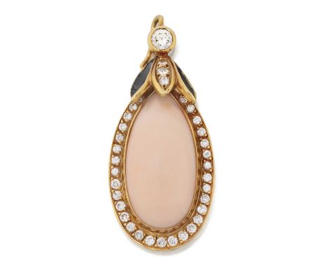 the pear shaped cabochon coral within a border of round brilliant cut diamonds, suspended by a cap comprising a trio of round