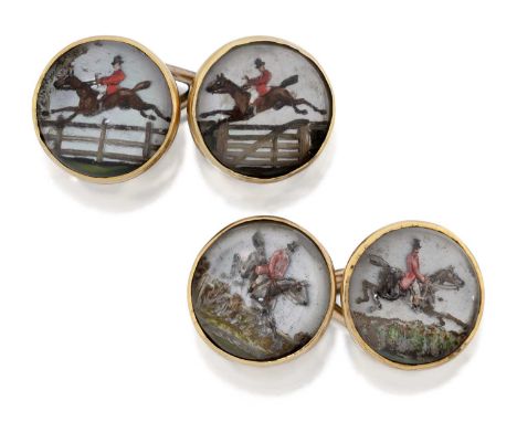 the chain linked rock crystals painted to depict hunting scenes, in yellow rubbed over settingsThe cufflinks do not match and