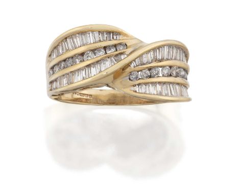 the crossover motif channel set with round brilliant cut and baguette cut diamonds, to a yellow plain polished shank, total e