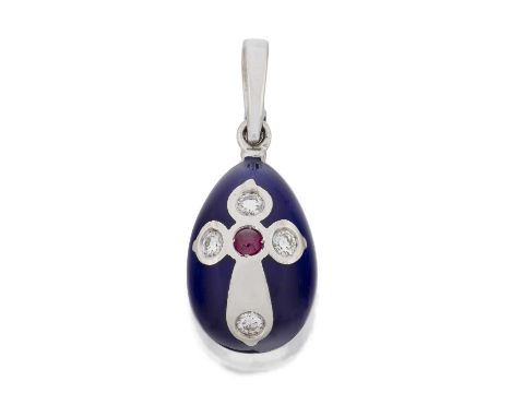 the white cruciform motif set with a round cabochon ruby and round brilliant cut diamonds within a blue enamel border, the re