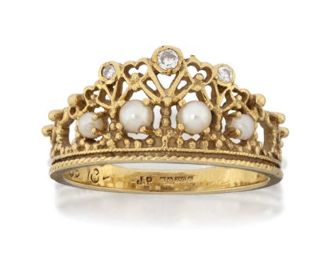 realistically modelled as a tiara, the openwork and beadwork crown set throughout with cultured pearls and round brilliant cu