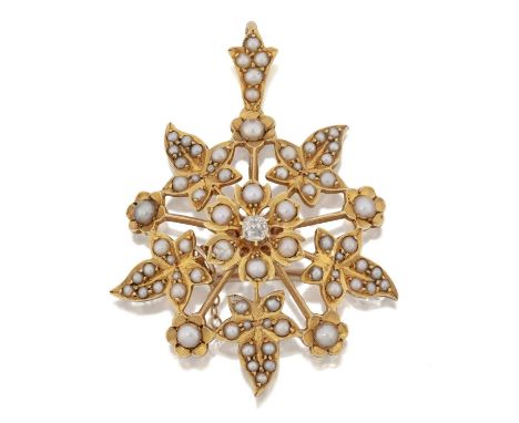 an old cut diamond within a border of split pearls, to radial arms terminating to leaf and floral motifs set throughout with 