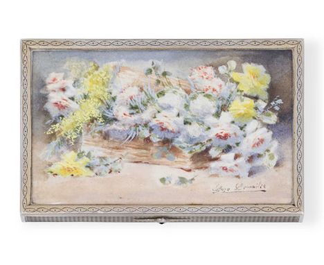 oblong, the hinged cover set with a glazed watercolour painting of flowers, signed indistinctly, the sides engine-turned96mm 