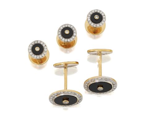 comprising of three dress studs and a pair of swivel bar cufflinks, the cufflinks designed as oval onyx plaques with a round 