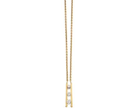 a trio of round brilliant cut diamonds in white claw settings, between two yellow plain polished bars, to a trace link chain,