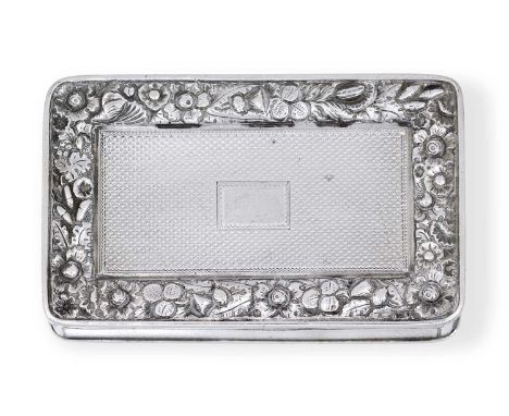 oblong, the hinged cover engine-turned centring a vacant cartouche and with a foliage and flower cast border, the sides and b