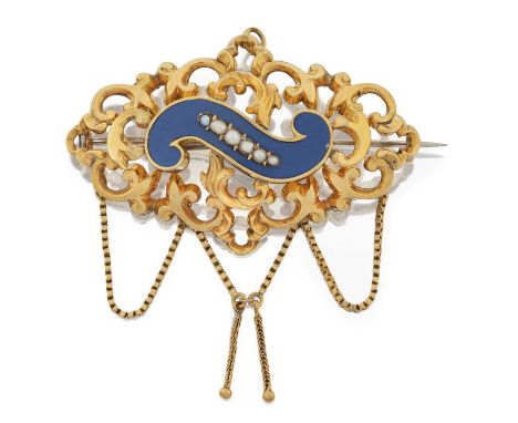 the blue enamel scroll motif set throughout with split pearls, within a yellow plain polished scroll work border suspending f