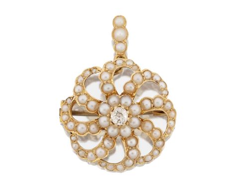 the old cut diamond within a border of split pearls, to a further openwork split pearl border, suspended from a trio of split