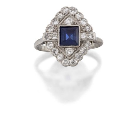 the square step cut sapphire centrally within a kite-shaped plaque set throughout with round brilliant cut diamonds, in white