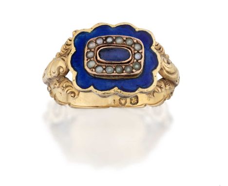 a blue enamelled lozenge within a border of seed pearls, in yellow millegrain settings, sat within a frame of blue enamel wit