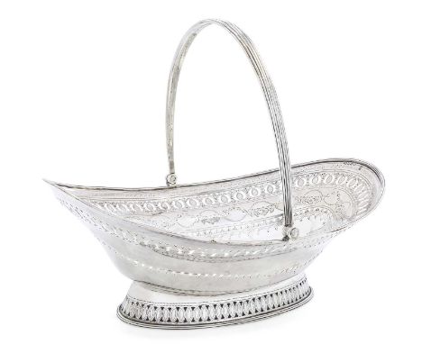 oval and on pierced skirt foot, with reeded rim above pierced and foliage, flower and husk engraved swags, with overhead reed