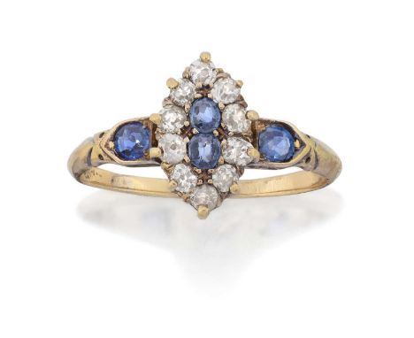 the navette-shaped cluster formed of oval cut sapphires within a border of old cut diamonds, in yellow claw settings, to oval