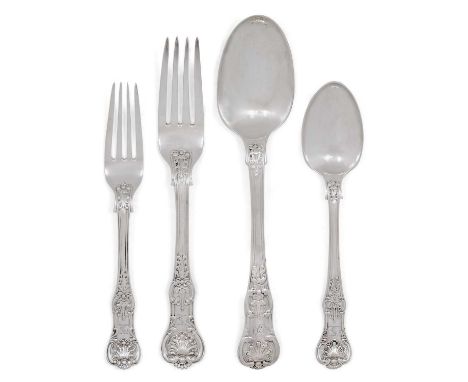 Queen's pattern, some engraved with an initial or a crest, comprising:11 table-spoons12 table-forks12 dessert-spoons12 desser