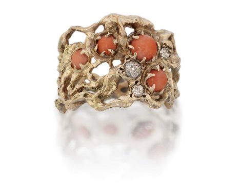 the yellow textured openwork shank set throughout with four round cabochon coral and three old cut diamonds, in claw settings