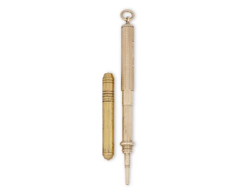 with an engine-turned finish and suspension loop; TOGETHER WITH: a brass pencil-lead holderthe propelling pencil 14cm extende
