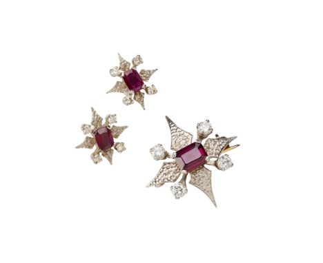  A pair of ruby and diamond cluster earrings and matching brooch  The earrings each claw-set with a rectangular step-cut ruby