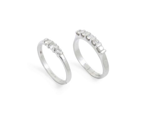  Two platinum diamond rings  The first bar-set with five round brilliant-cut diamonds, plain band, UK hallmark; the second ba