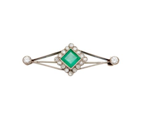  An emerald and diamond bar brooch  Collet-set with a square step-cut emerald in a border of millegrain-set eight-cut diamond