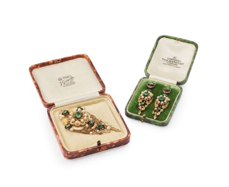  A Victorian tourmaline and pearl pendant with matching earrings, circa 1870  The brooch of stylised cluster and shell design