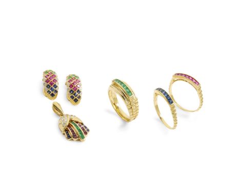  A suite of multi-gem and diamond jewellery  Including a pair of earrings, a pedant and a four-part interchangeable ring set;