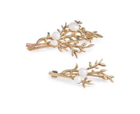  A pair of 9ct gold pearl brooches  The first of floral design, set with a single bouton pearl, and small eight-cut diamond d