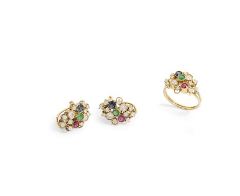  A pair of ruby, emerald, sapphire and diamond earrings and matching ring  Each collet-set with a round-cut ruby, emerald and