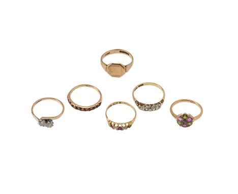  A collection of gem-set rings  Including a two-stone diamond ring, stamped PLAT 18CT; a three-stone ring, stamped 18ct; a ru