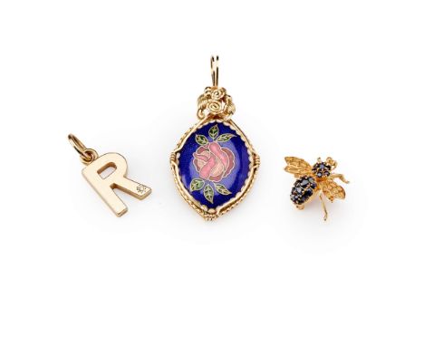  A collection of jewellery  Including a ‘R’ pendant, set with an eight-cut diamond, stamped 9ct; a sapphire bug brooch, stamp