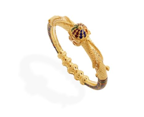  An enamelled bangle  With applied beaded and engraved motifs, orange, red, blue and green enamel detail, stamped 22K Interna