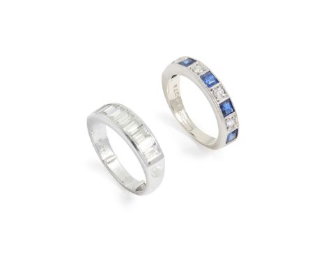 Two sapphire and diamond half-eternity rings  The first channel-set with a single row of baguette-cut diamonds, stamped 750;