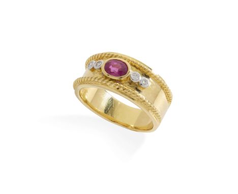  A ruby and diamond ring  Collet-set with an oval-cut ruby and four small round brilliant-cut diamonds, reeded detail to bord