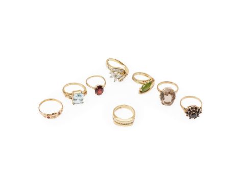  A collection of gem-set rings  Including a 9ct gold sapphire cluster ring, a 15ct gold ruby and diamond ring; a marquise and