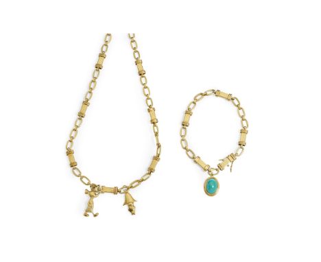  A bar-link necklace with matching bracelet  Each composed of open ovoid or bar links, suspending various charms, including a