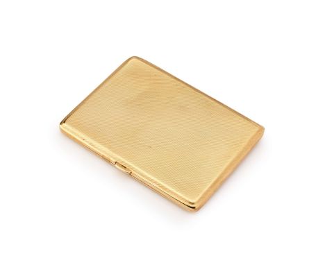  A 9ct gold cigarette case  Of rectangular outline with engine-turned detail, engraved inside B Ashton Warner / Happy Memorie
