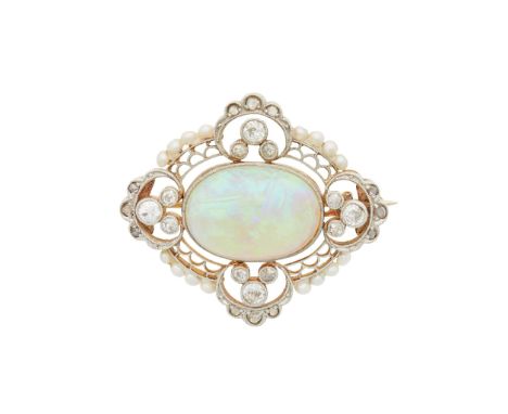  An early 20th century opal, diamond and pearl brooch, circa 1910s  Collet-set with an oval cabochon opal, in a pierced borde