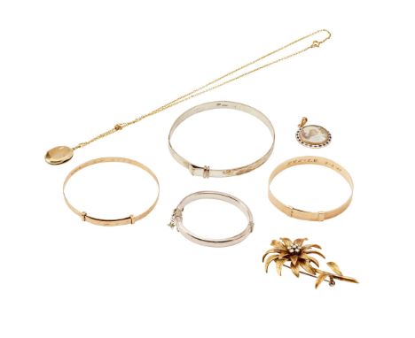  A collection of jewellery  Including a floral brooch set with seven small round brilliant-cut diamonds, stamped 18KT; a 9ct 