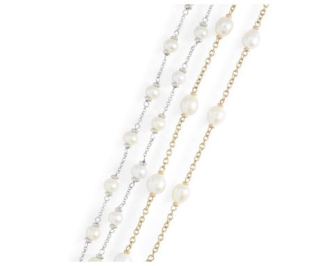  Two pearl neck-chains  The first set at intervals with cultured pearls to a belcher-link 18ct white gold chain; the second s