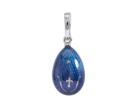  Fabergé: A limited edition enamel egg pendant  The blue enamel egg with gold fleur-de-lis detail, signed, numbered 100/500, 