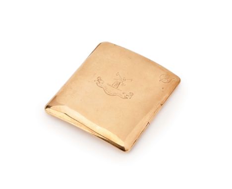  A 9ct gold cigarette case  Of rectangular outline, engraved crest and motto to exterior, engraved H.C.KINNARD / ORLEANS CLUB