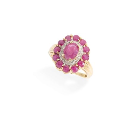  A ruby and diamond cluster ring  Claw-set with an oval-cut ruby in a border of round-cut diamonds and round-cut rubies, plai