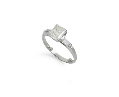  A diamond ring  Claw-set with a rectangular step-cut diamond, weighing approximately 1.25cts, each shoulder set with a bague