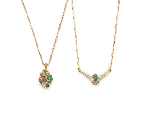  Two emerald and diamond pendant necklaces  The first pendant modelled as a cluster of heart-shaped emeralds, set intermitten