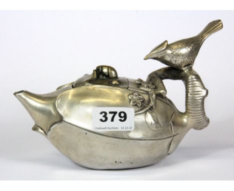 A Chinese silver plated bronze teapot, L. 20cm, H. 13cm.