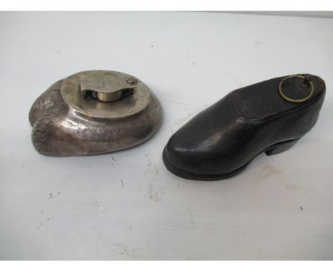 A 19th century stitched leather shoe snuff box with hinged lid 2 1/2"h, 5" w and silver plated section of an inkwell fashione