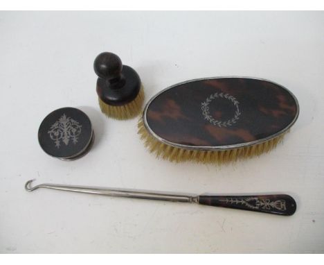 Victorian and early 20th century silver and tortoiseshell pique work to include a lidded pot, 3/4"h, 2"dia, a gentleman's hai