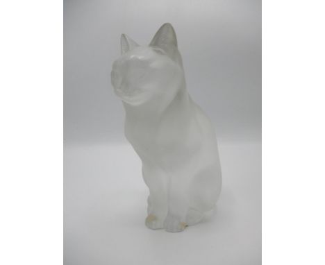 A Lalique frosted glass model of a seated cat with an etched signature to the base, 8.25"h 